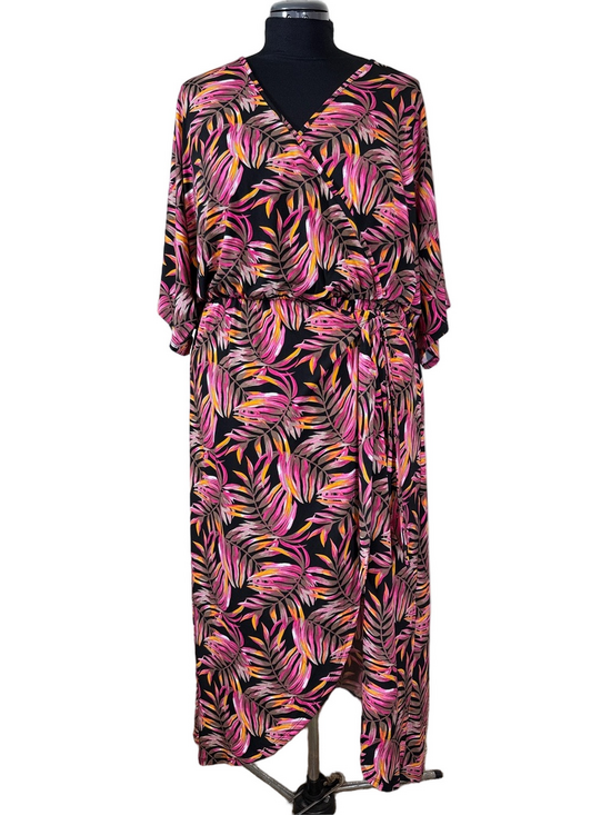 Ashley Stewart Dresses & Skirts - Ashley Stewart Black Maxi Faux Wrap Dress with Pink Orange Leaf Print